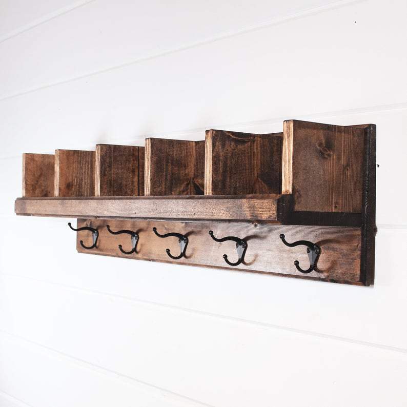 White Rustic Wood Wall Shelf With Hooks